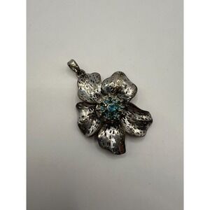 Vintage Silver Tone Flower Pendant with Teal & Green Rhinestones